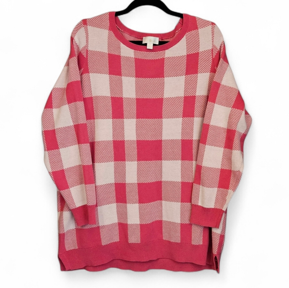 Belle by Kim Gravel Pink Buffalo Check Knit Sweater 2X
